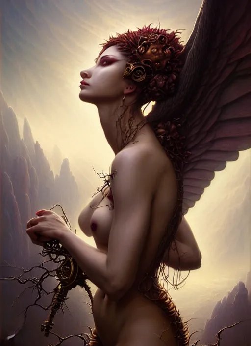 Image similar to portrait shot succubus meditating in a scenic dystopian environment, intricate, elegant, highly detailed, centered, digital painting, artstation, concept art, smooth, sharp focus, illustration, artgerm, tomasz alen kopera, peter mohrbacher, donato giancola, joseph christian leyendecker, wlop, boris vallejo