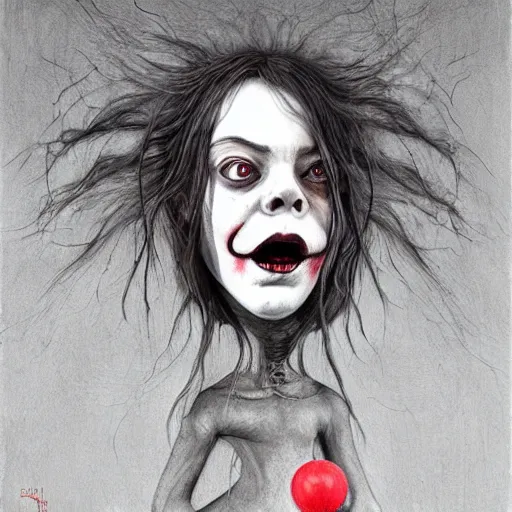 Image similar to grunge painting of Billie eilish with a wide smile and a red balloon by Zdzisław Beksiński, loony toons style, pennywise style, corpse bride style, creepy lighting, horror theme, detailed, elegant, intricate, conceptual, volumetric light