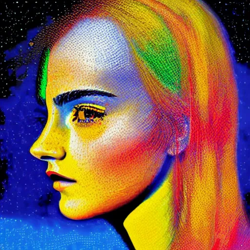 Image similar to a painting of emma watson face with red, yellow, and blue colors, a pointillism painting by mati klarwein, shutterstock contest winner, computer art, impressionism, digitally enhanced, painterly