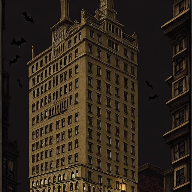 Prompt: spooky 1 5 - storey gothic hotel, boston 1 9 2 5 overlooking a dark street, photorealistic, dark, atmospheric lighting, painted, intricate, ultra detailed by leesha hannigan, thierry doizon, kai carpenter, well composed, best on artstation, cgsociety, epic, stunning, gorgeous, intricate detail, wow, masterpiece