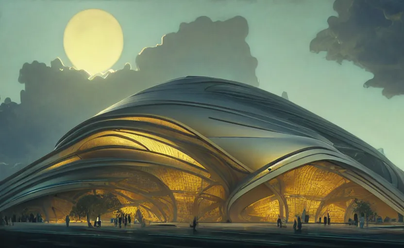 Image similar to exterior shot of utopian architecture building with cinematic lighting by zaha hadid and renzo piano, darek zabrocki and greg ruthkowski, alphonse mucha, simon stalenhag, cinematic, holy place, spiral, paradise, scifi, futurism, atmospheric, sunset, concept art, artstation, trending on artstation