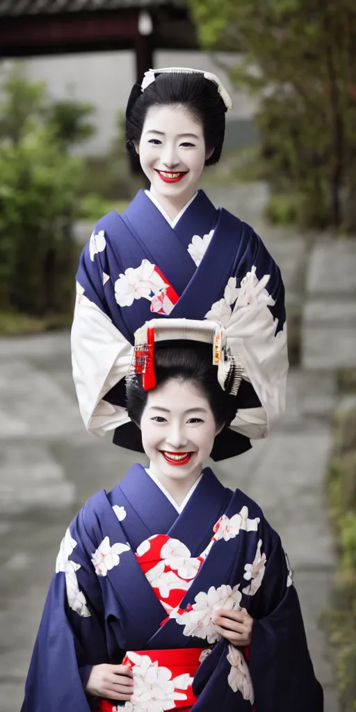 Prompt: A photo of young Japanese geisha smiling at camera and wearing T-shirt