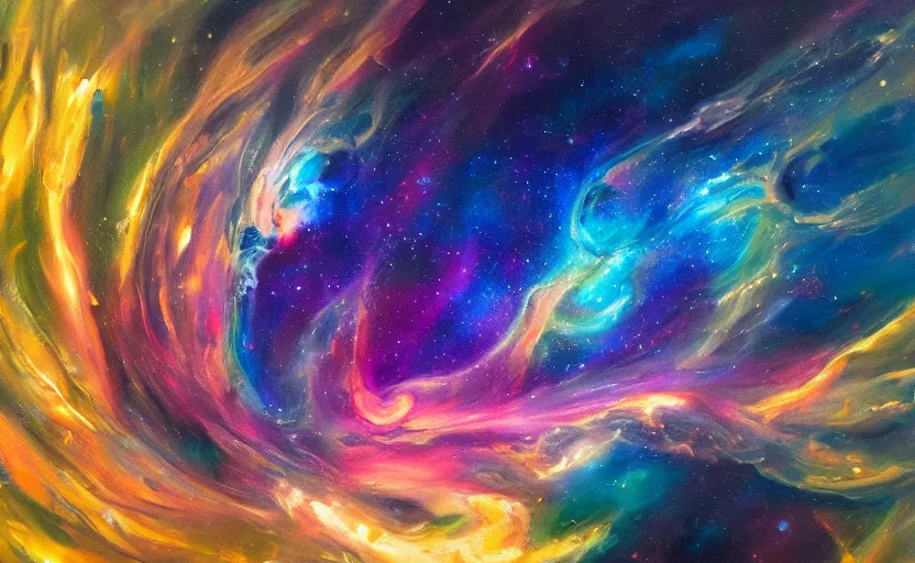 Image similar to an abstract oil painting of an unbelievably beautiful space nebula; swirling sheets of light and fire; hyper-detailed; an extraordinary masterpiece!!!; flawless; trending on artstation