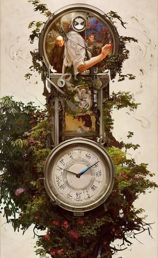 Image similar to hyper realistic time machine schematics, cyberpunk, design on white background, beautiful details, lush foliage, drawn by john singer sargent, tom bagshaw, norman rockwell, alphonso mucha, lolish, trending on artstation