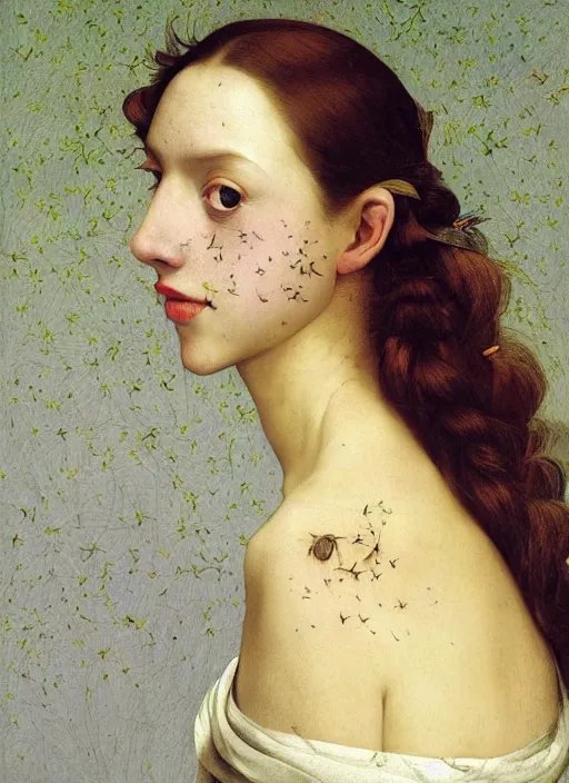 Image similar to a happy a young woman wearing a sophisticated dress, among the lights of golden fireflies and nature, long loose red hair, intricate details, green eyes, freckles on the nose, round gentle face, full figure portrait, golden ratio, high contrast, photorealistic digital art by artemisia lomi gentileschi and caravaggio and tomacz alen kopera.