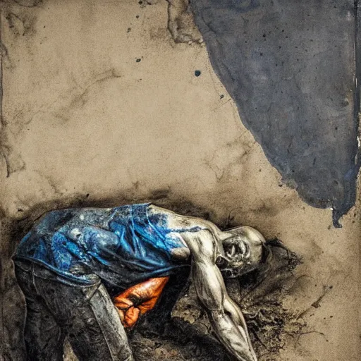 Image similar to one man in a cemetery digging up a dead body, by nicola samori, painting, 8 k, high detail, medium blue, orange, and dark green tones, high quality, sad feeling, high detail, dark colors, sinister atmosphere, dramatic lighting, cinematic, establishing shot, extremely high detail, photo realistic, cinematic lighting