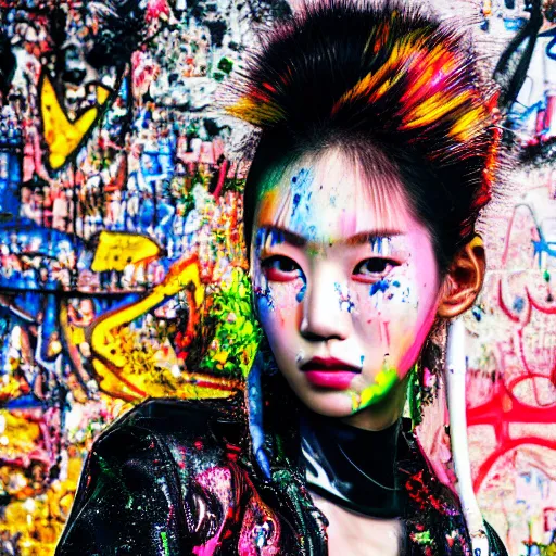 Prompt: photo realistic, high level of detail, high resolution, 3 5 mm lens : ( subject = korean top model + ( object = graffiti + object detail = high definition highly detailed baroque cyberpunk shamaness, varnished oil paint in bright colors on black background with small background color splatters, by katsuhiro otomo ) )