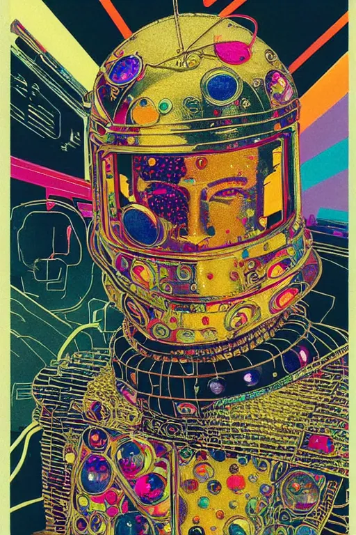 Prompt: risograph grainy drawing vintage sci - fi, satoshi kon color palette, gigantic beautiful bejeweled armored man full - body covered in colourful gems, 1 9 6 0, kodak, metal wires, natural colors, codex seraphinianus painting by moebius and satoshi kon and alberto mielgoб extreme close - up portrait