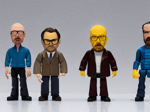 Image similar to a breaking bad action figure set with Saul Goodman, Walter white, and Jesse pinkman