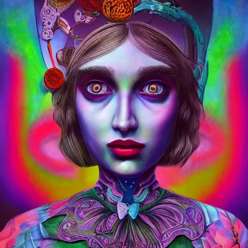 Image similar to an extremely psychedelic portrait of alice in wonderland, surreal, lsd, face, detailed, intricate, elegant, lithe, highly detailed, digital painting, artstation, concept art, smooth, sharp focus, illustration