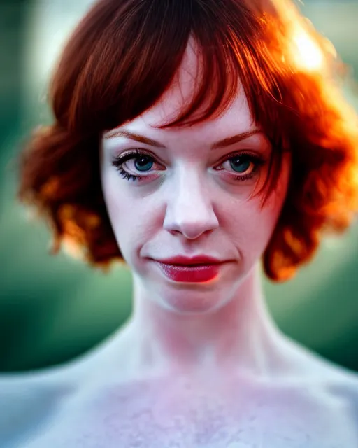 Prompt: perfectly - centered!! looking at the camera!!! full upper body photograph of young christina hendricks, sweaty, oily skin, bright lighting, godrays, intricate abstract upper body, zeiss lens, cinematic lighting, sharp focus, bokeh, smooth, filmstill, photography, hyper realism, iridescent accents