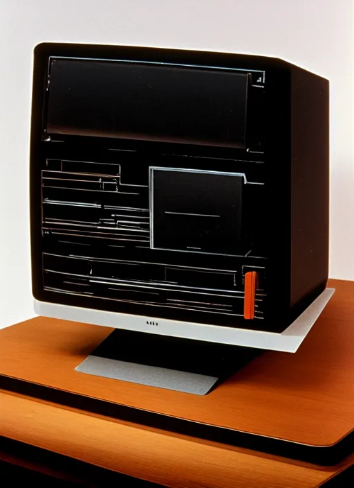 Image similar to realistic photo of a scientific model of an ugly rough complex desktop computer made of wood, display is black obsidian, front view, 1 9 9 0, life magazine reportage photo, metropolitan museum photo