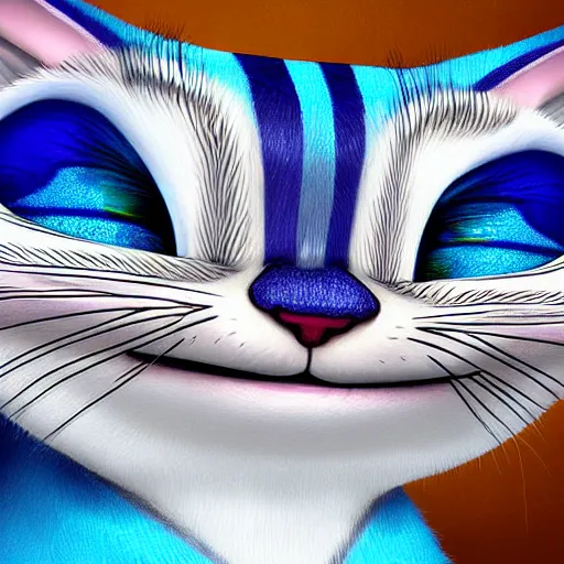 Image similar to cute blue striped cheshire cat from alice in wonderland. an adorable cat with light blue stripes, blue eyes and a big playful smile. award - winning digital art by mona sundberg