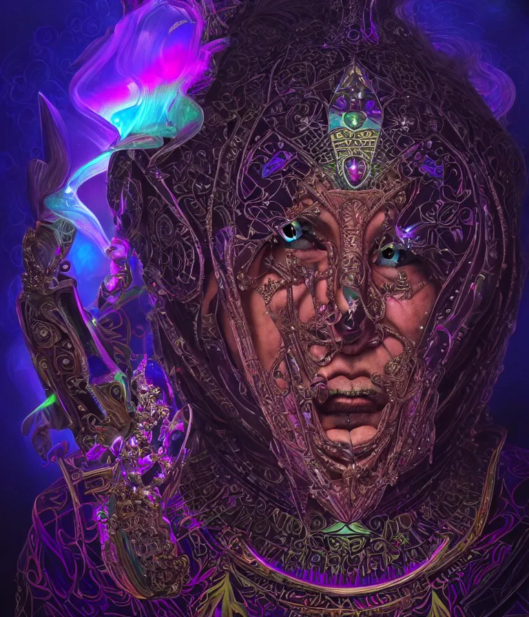 Image similar to front!!! shot of a court jester character, hyperdimensional, bioluminescent hypercubes, dark holography!!!, sunset psychedelic, chrome, (((intricate))), elegant, highly detailed, centered, (((artstation, concept art, smooth, sharp focus, artgerm, Tomasz Alen Kopera, Peter Mohrbacher, donato giancola, Joseph Christian Leyendecker, WLOP, Boris Vallejo))), mugshot!!!!!, ugly!!!!!!, octane render, nvidia raytracing demo, octane render, nvidia raytracing demo, octane render, nvidia raytracing demo, grainy, muted, 8K, digitalblasphemy, metatron