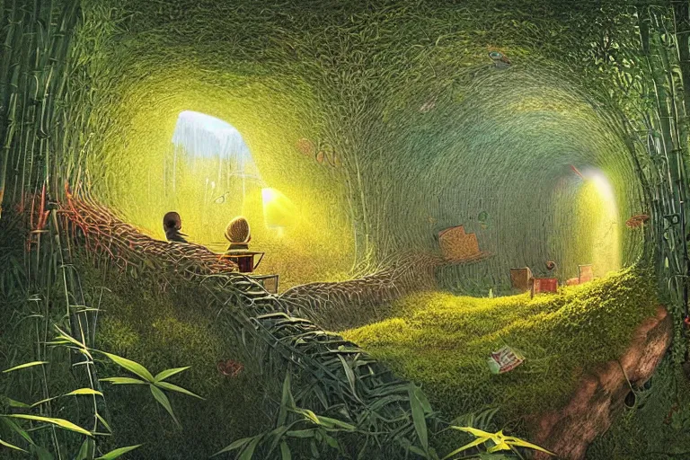 Image similar to surreal glimpse into other universe, a sun shines in bamboo cave, summer morning, very coherent and colorful high contrast, art by!!!! gediminas pranckevicius!!!!, geof darrow, dark shadows, hard lighting