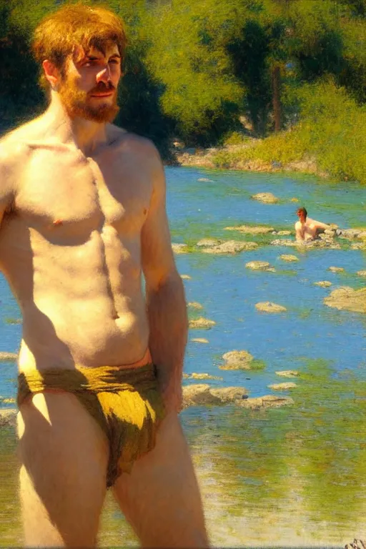 Prompt: attractive man by a river, bright sunlight, oil covered skin, painting by gaston bussiere, craig mullins