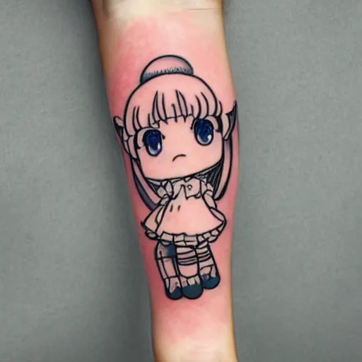 Image similar to anime manga catgirl robotic manga catgirl chibi kawaii by Hayao Miyazaki and Naoko Takeuchi, upper arm tattoo