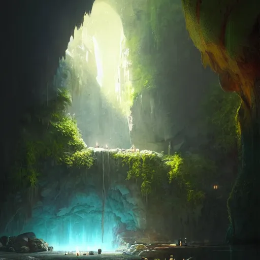 Prompt: cozy, hotspring hidden in a cave, candlelight, towels, cushions, natural light, lush plants and flowers, elegant, smooth cave rock, fantasy, atmospheric lighting, digital painting, Greg Rutkowski concept art