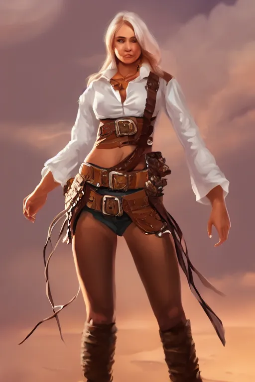 Image similar to full body, female cowgirl, perfect face, white blouse, holster, 8 k, magic the gathering, desert, d & d, artstation, high detail, smooth, muscular