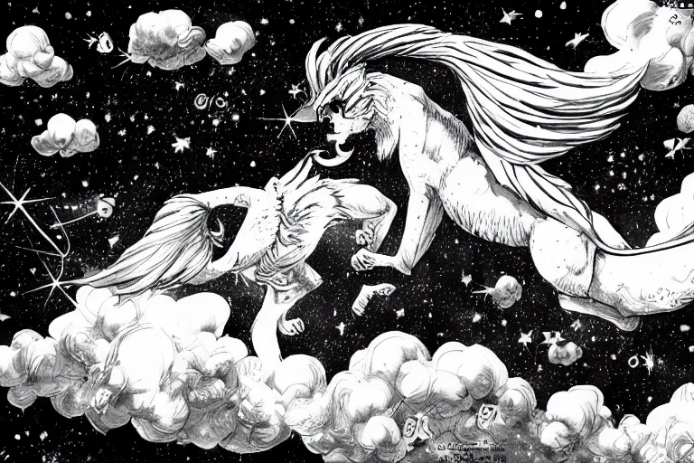 Image similar to angelic majestic winged lioness flying in outer space, stars dotted in background, black and white ink on paper, thick thick thick outlines, 8k high quality detailed manga art, trending on art station and cgsociety, super wide angle, octane, by Eiichiro Oda