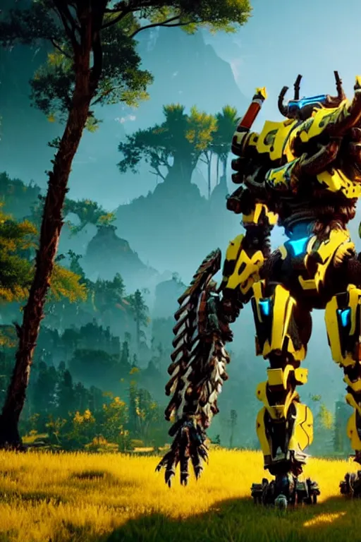 Image similar to a cinematic still from horizon zero dawn, skinny full body yellow humanoid, full body yellow bumblebee mech, decepticon armor plating, octane render, nvidia raytracing demo, masterpiece, aged armor plating, aggressive head,