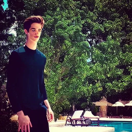 Image similar to “a realistic detailed photo of a guy who is an attractive humanoid who is half robot and half humanoid, who is a male android, actor Grant Gustin, shiny skin, posing like a statue, blank stare, by the pool, on display”