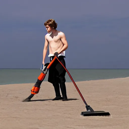 Image similar to anakin skywalker vacuuming the beach to remove sand