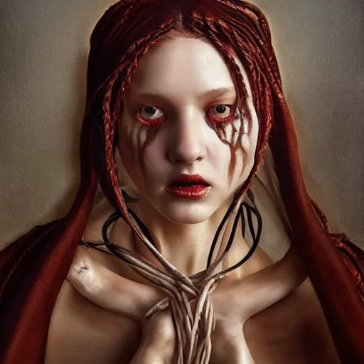 Image similar to portrait of a Shibari rope wrapped face and neck, headshot, insanely nice professional hair style, dramatic hair color, digital painting, of a old 15th century, young cyborg Rubber Nun, amber jewels, baroque, ornate clothing, scifi, realistic, hyperdetailed, chiaroscuro, concept art, art by Franz Hals and Jon Foster and Ayami Kojima and Amano and Karol Bak,