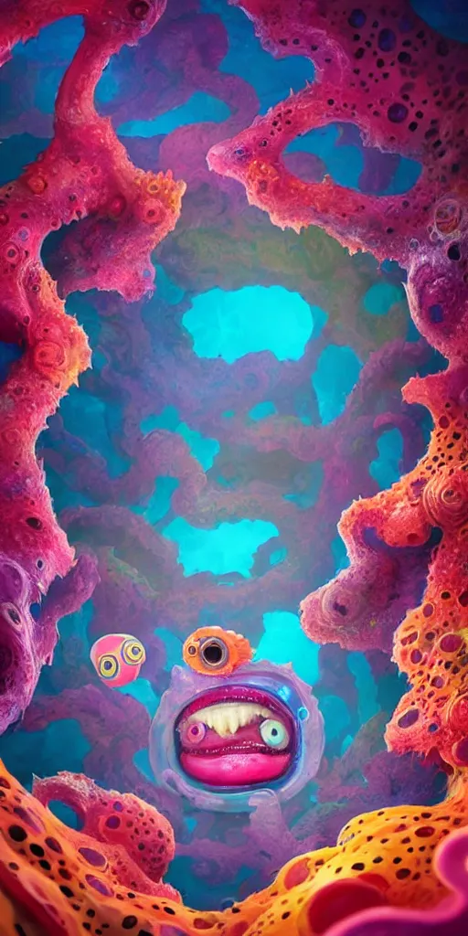 Image similar to of a colorful deep sea crater with strange cute jello happy creatures with huge eyes, mouth, long tongue and round teeth appearing from smokey background, in the style of gehry and gaudi, macro lens, shallow depth of field, ultra detailed, digital painting, trending artstation, concept art, illustration, cinematic lighting, photorealism, epic, octane render