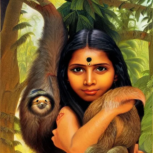 Image similar to a cottagecore beautiful young indian witch holding a cute sloth, highly detailed, masterpiece, illustrated, art by boris vallejo