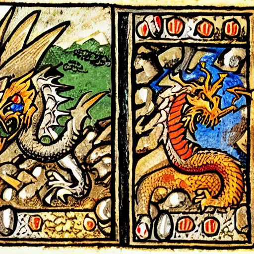 Prompt: two dragons in a castle fighting knights in the middle ages