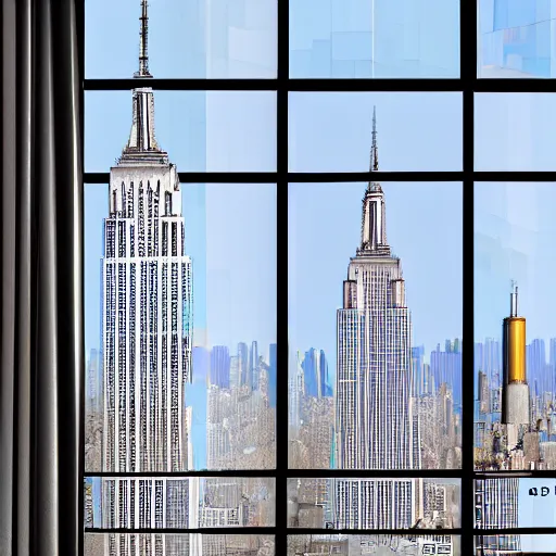 Image similar to serene rivers of water flowing from the windows, fluid simulation, empire state building, long shot, 2 0 0 mm, orthogonal perspective, photorealist, panorama, new york background, detailled, sharp focus, realistic, trending on artstation, cg society, 8 k, unreal