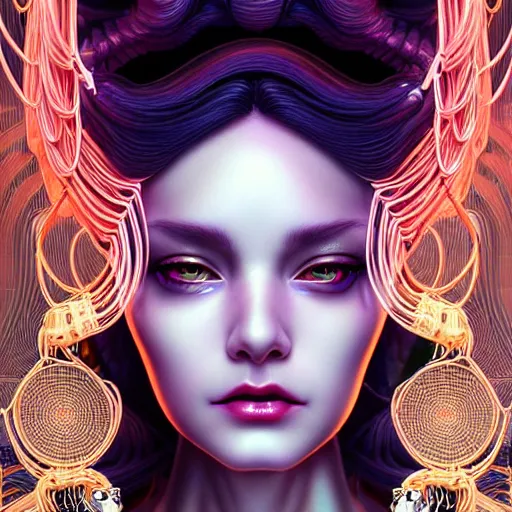 Image similar to high quality, high detailed portrait of a spider queen, a cyberpunk character in a retro - futuristic world, white porcelain translucent skin. hyperrealism, intricate details, cables, wires. connectors led. tristan eaton, victo ngai, artgerm, rhads, ross draws, alphonse mucha, pastel colors, vintage, artstation, vector gradient. 8 k