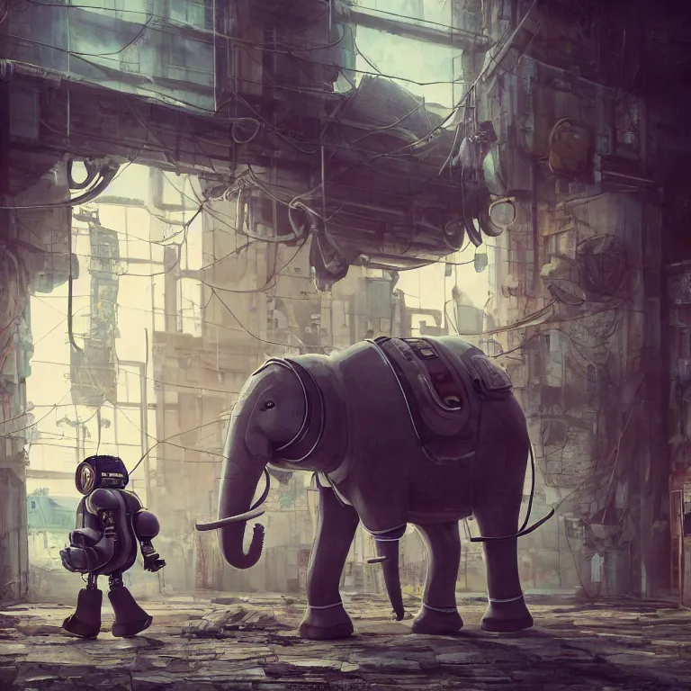 Image similar to a robotic elephant walking through an abandoned gas station in the style of howl's moving castle, 7 0's science fiction comics and enki bilal, cyberpunk, mystical, 8 k, high definition, realism, octane render, cinematic lighting