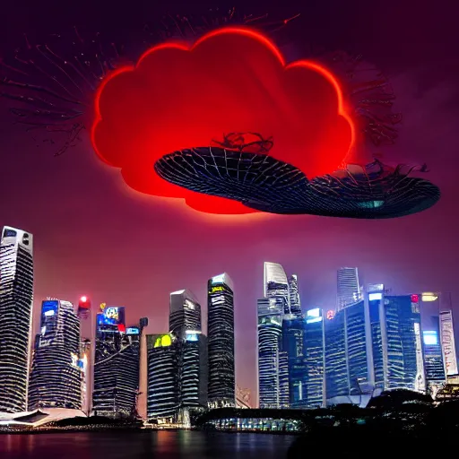 Prompt: Singapore night city with a lion-shaped cloud in the sky and a squadron of chinooks flying in the sky, by by James Jean and Wayne Barlowe, red and white lighting, digital art, ultra realistic, ultra detailed, photorealistic, 4k, character concept
