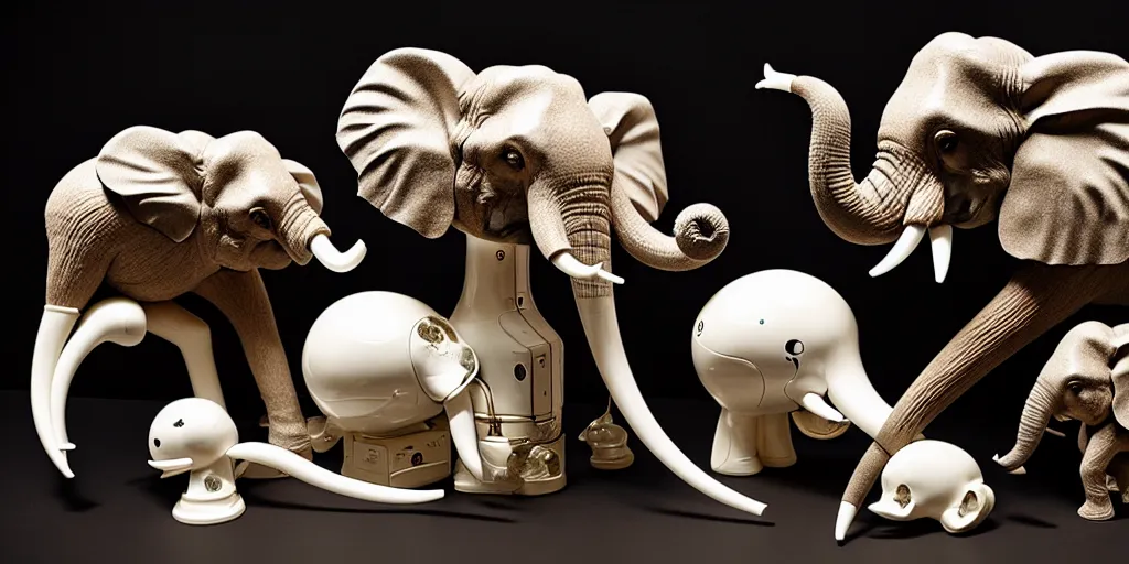 Image similar to Hundreds of Elephant heads in orbit around the earth, soft lighting, chrome and viscera and bone, composition, Cronenberg automata, Marsden, ito, Ryden, sci-fi, Koons, Dieter Rams,