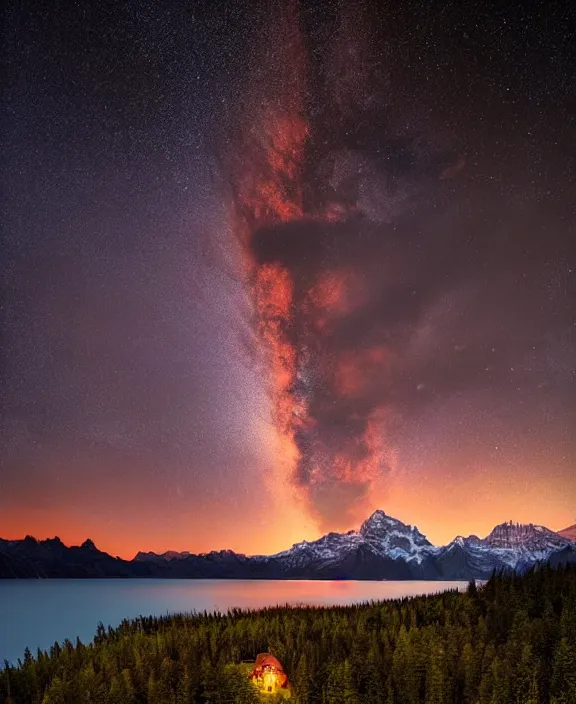 Image similar to amazing landscape photo of mountains with lakehouse at dusk by marc adamus, beautiful dramatic lighting, celestial nightsky stars