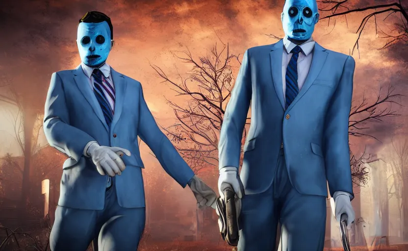 Prompt: cinematic view of a dead by daylight killer lawyer wearing a blue business suit, character portrait, digital art