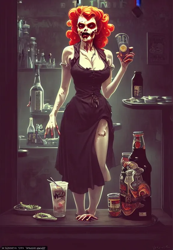 Prompt: Zombie waitress of a small 50’s style diner serving cold drinks, fantasy magic, zombie, dark pin-up style hair, dark light night, intricate, elegant, sharp focus, illustration, highly detailed, digital painting, concept art, matte, art by WLOP and Artgerm and Greg Rutkowski and Alphonse Mucha, masterpiece