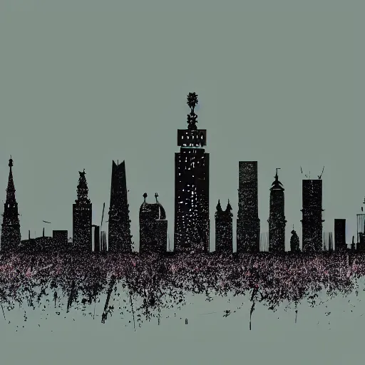 Image similar to moscow skyline, in the style of daniel johnston, 4k, line brush, minimal, overlaid with russian text