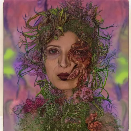 Image similar to a beautiful detailed front view portrait of a rotten woman corpse with fractal plants and fractal flowers growing around, volumetric light, beautiful lit, polaroid photography