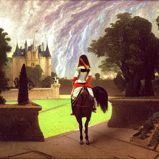 Image similar to Girl riding a horse leaving the castle through the bridge, thunderstorm, french garden on the background major arcana sky, by paul delaroche, alphonse mucha and arnold böcklin arnold böcklin hyperrealistic 8k, very detailed