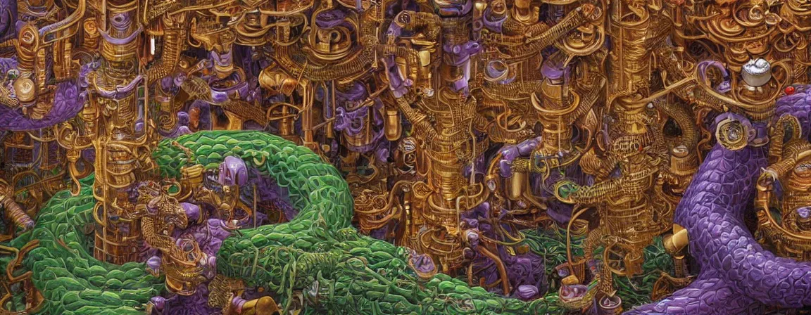 Image similar to a densely packed machine apparatus for making snake oil, huge copper machine with fine purple and green intricate pipework, art by jacek yerka, and ed roth, directed by denis villeneuve, cinematography by robby muller, fine detail, kodachrome 8 k, snake machine