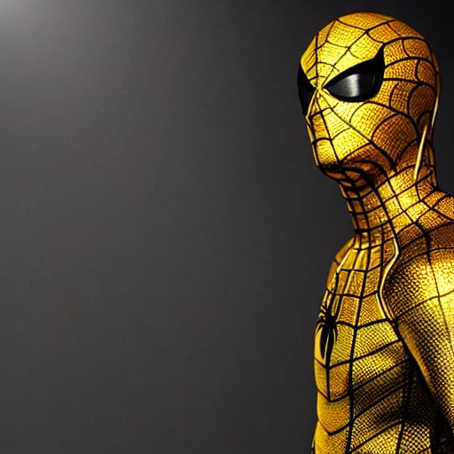 Image similar to gold spider - man suit with black web lining, cinematic, volumetric lighting, realistic, hyperdetailed, photorealistic, photograph