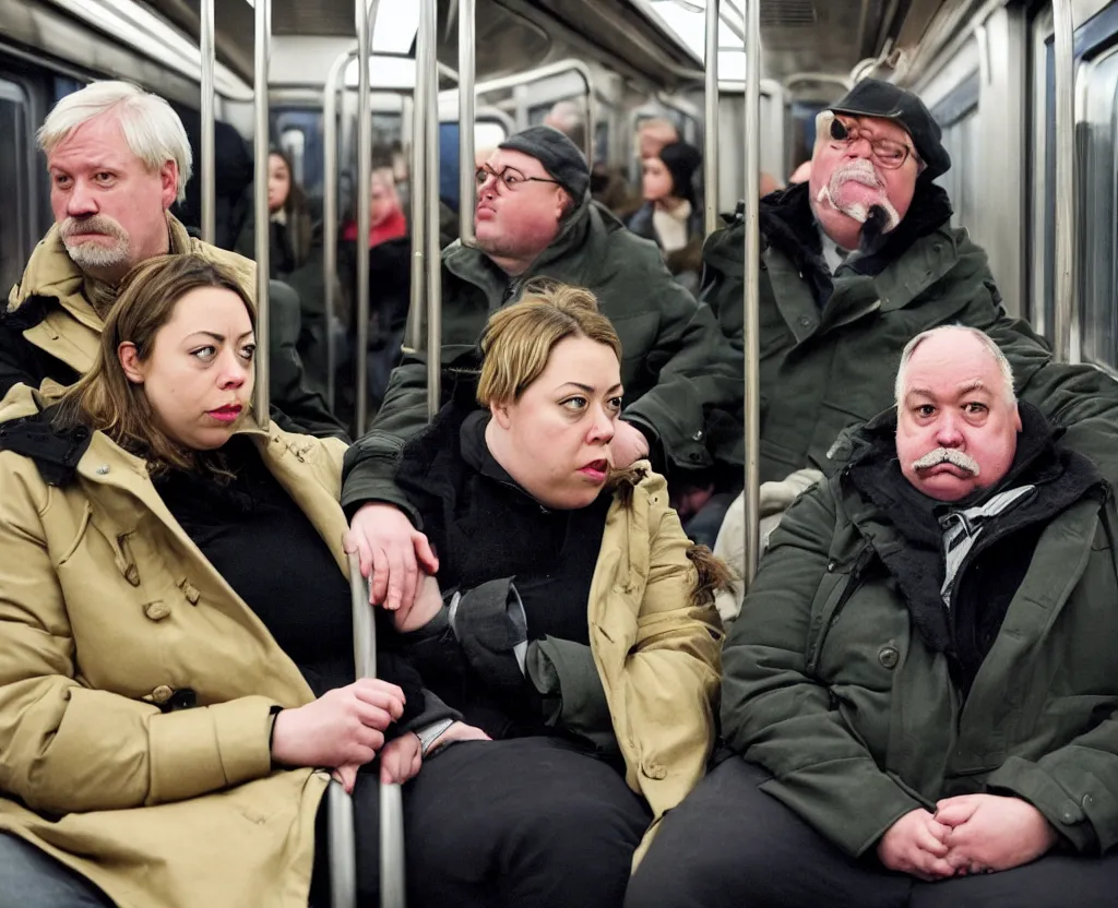 Image similar to a sad woman in a parka who looks like a cross between Chloe Sevigney and Aubrey Plaza, sits next to a slightly overweight friendly middle-aged German businessman, with short blond hair and a mustache, in a Chicago subway train, medium shot from a 3/4 angle, showing full figures, drawn in the style of Daniel Clowes and Adrian Tomine and Gabrielle Bell