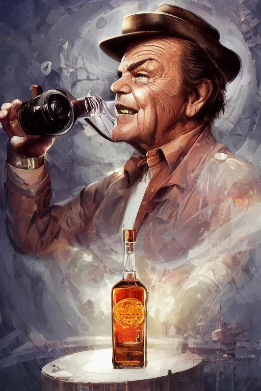 Prompt: a ship in a bottle but instead of a ship it is jack nicholson in the bottle, a young jack nicholson, fancy whiskey bottle, hyper detailed, digital art, artstation, cinematic lighting, studio quality, smooth render, by peter mohrbacher, hajime sorayama, boris vallejo, craig mullins