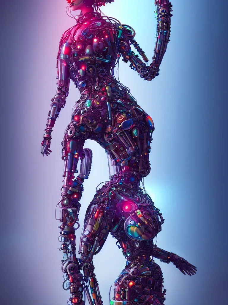 Image similar to full lenght shot woman in biomechanical dress, inflateble shapes, wearing epic bionic cyborg implants of different colors, masterpiece, intricate, biopunk futuristic wardrobe, highly detailed, artstation, concept art, background galaxy, cyberpunk, octane render