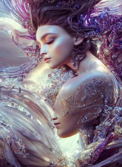 Image similar to beauteous practical sumptuous biomechanical with incredible iridescent pearlescent voluminous hair, crystalline masterpiece incrustations, hyperdetailed face, elegant pose, movie still, cinematic forest lighting, intricate accuracy, octane render, cgsociety, artgerm, unreal engine, crepuscular rays, god rays