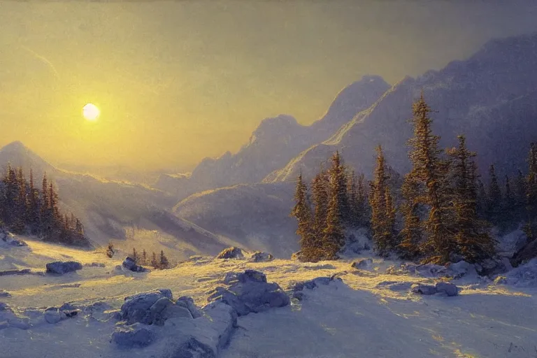 Prompt: mountains, clouds, trees, sunset, beautiful nature, winter, hyperdetailed, focused, cinematic lighting, oil painting, colorful, canvas, artstation, Albert Bierstadt, Hans Dahl, Theodor Kittelsen, Hermann Hendrich, Konstantin Yakovlevich Kryzhitsky