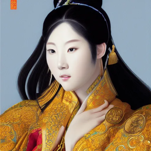 Image similar to hyper realism portrait of Chinese princess by Zhong, Fenghua and Ohara, Koson, stunning, detailing, artstation trending, perfect lighting, golden hour, face detailing